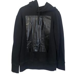 DKNY Black Faux Leather Logo Front Hoodie Hooded Sweatshirt Sz L